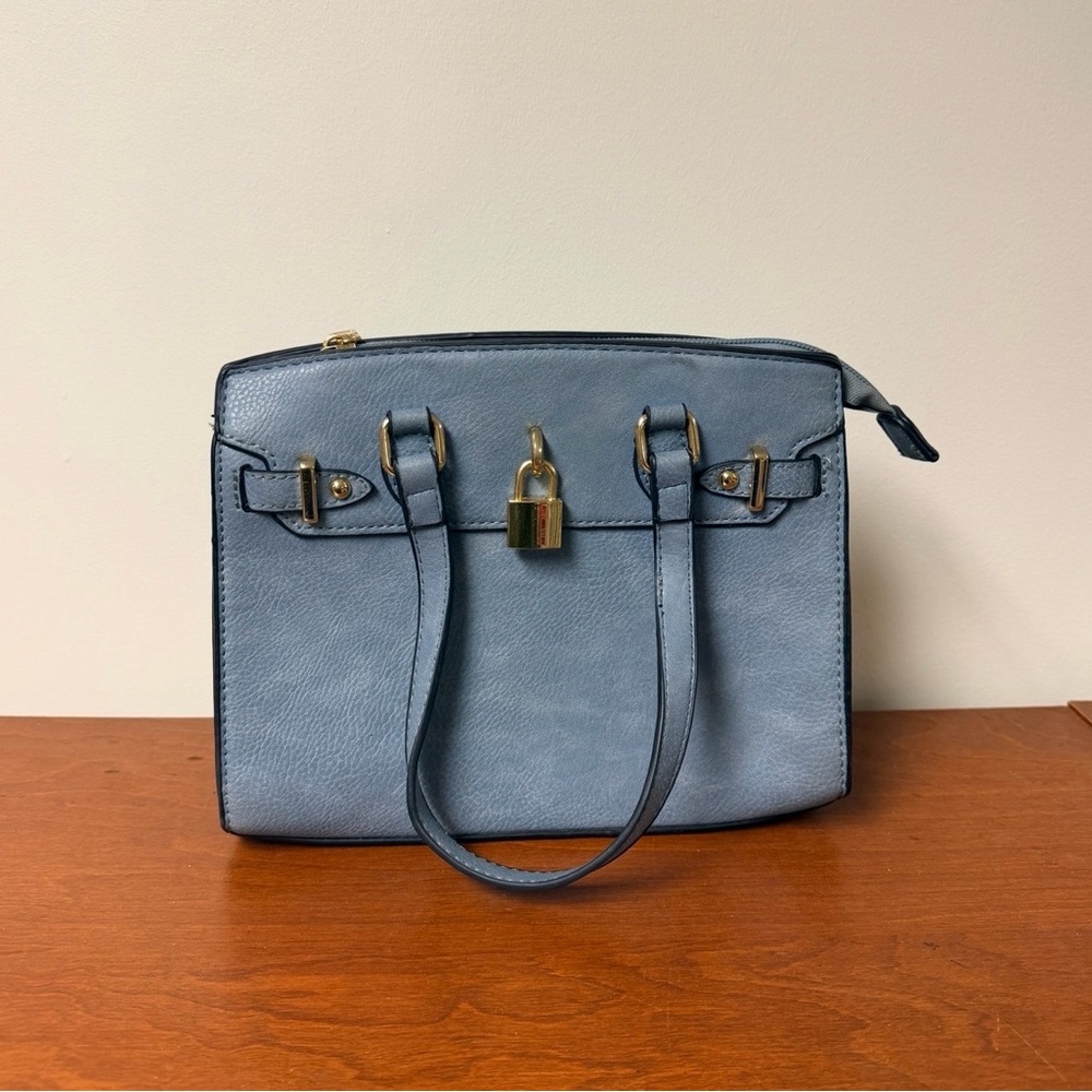 Light Blue Structured Satchel Bag Gold Lock Detail Top Handle Purse